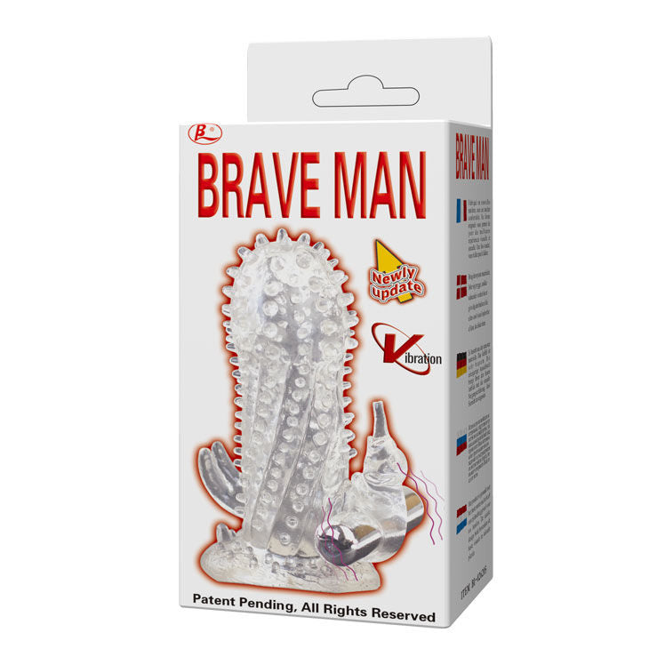 Capa vibratória para pénis BAILE Brave Man Coelho Extenso, mostrando as saliências e o estimulador.