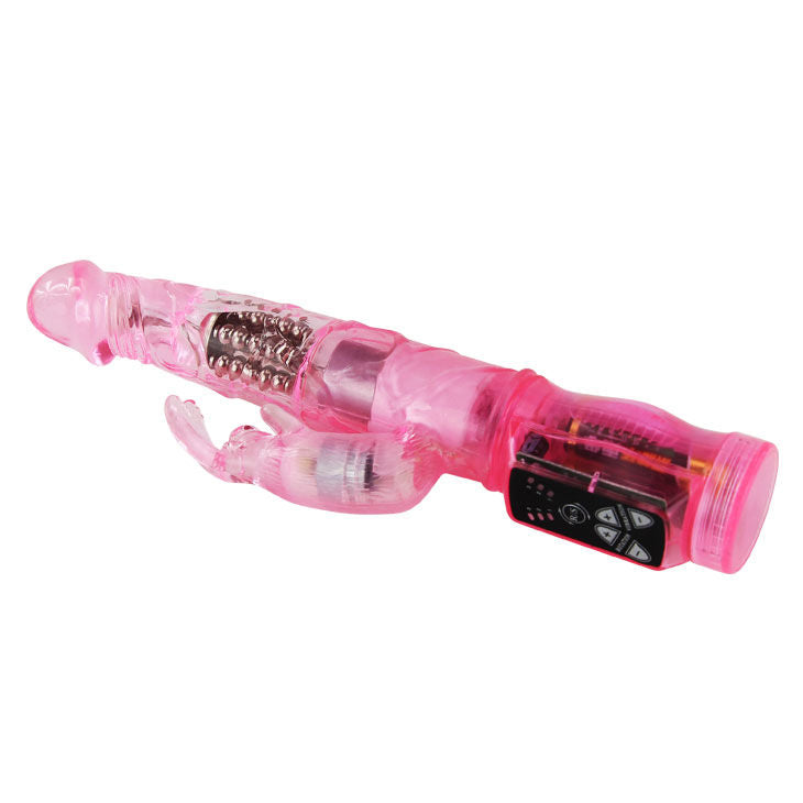 Close-up do BAILE Mini Vibrador Coelho Rotador Dupla Estimulação Rosa, mostrando detalhes e textura.