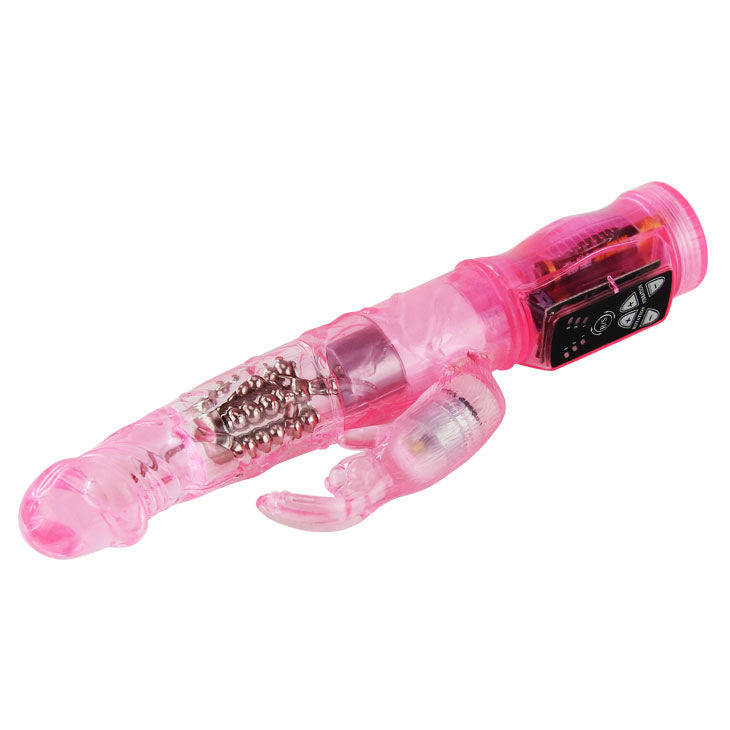 Close-up do BAILE Mini Vibrador Coelho Rotador Dupla Estimulação Rosa, mostrando detalhes e textura.