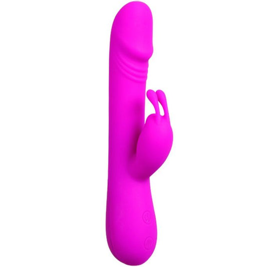 Close-up do vibrador Pretty Love Clement, em silicone macio, com design de coelho e estimulador clitoriano.