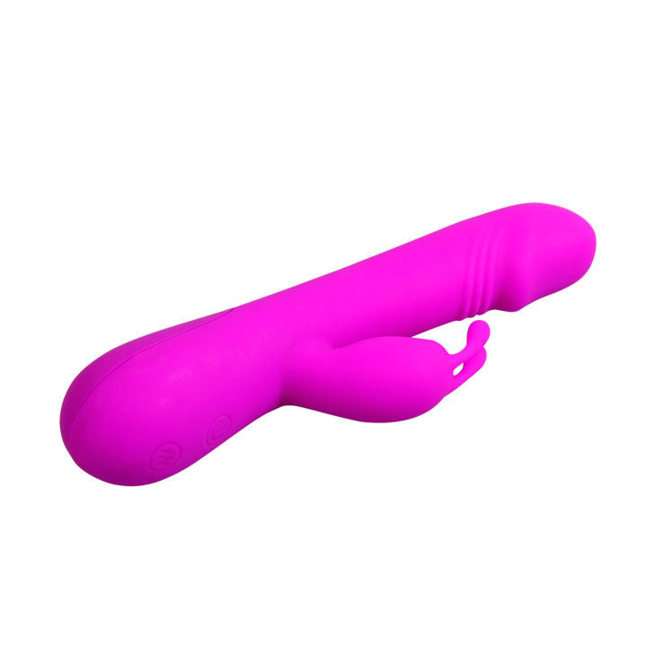 Close-up do vibrador Pretty Love Clement, em silicone macio, com design de coelho e estimulador clitoriano.