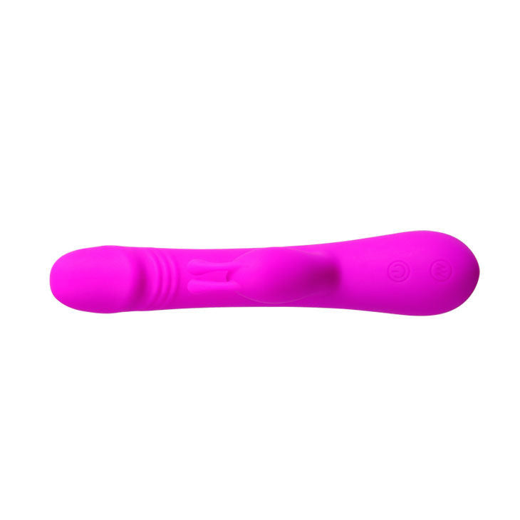 Close-up do vibrador Pretty Love Clement, em silicone macio, com design de coelho e estimulador clitoriano.