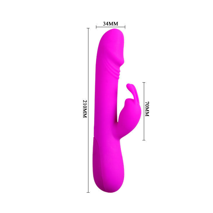 Close-up do vibrador Pretty Love Clement, em silicone macio, com design de coelho e estimulador clitoriano.