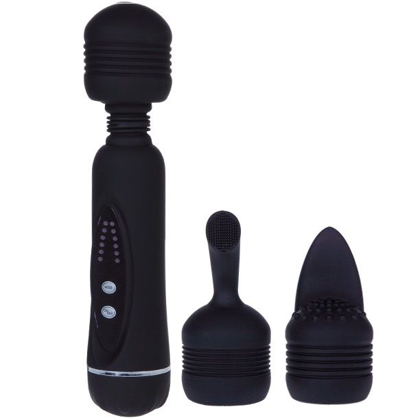 Close-up do PRETTY LOVE Vibrador Massageador Flirtation, destacando suas cabeças intercambiáveis e design ergonômico em silicone.