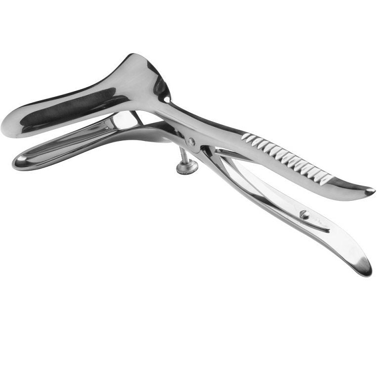Close-up do Espéculo Anal Duplo METAL HARD em aço cirúrgico com abertura ajustável
