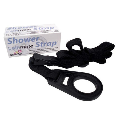 Arnês de suporte BATHMATE para uso em chuveiro com bombas de vácuo, mostrando o design ajustável e material resistente à água.