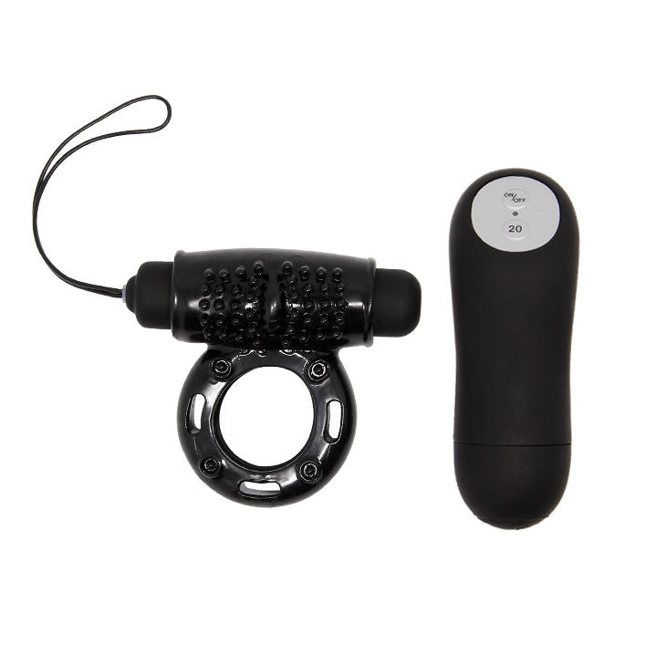 Anel peniano vibratório BAILE com controle remoto, design preto e 20 funções para prazer compartilhado.