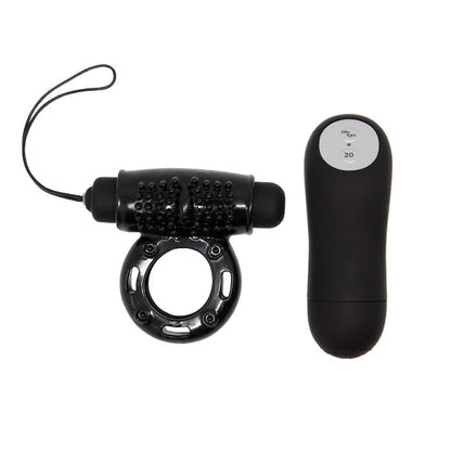 Anel peniano vibratório BAILE com controle remoto, design preto e 20 funções para prazer compartilhado.