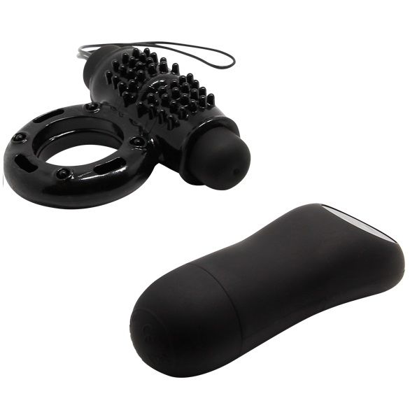 Anel peniano vibratório BAILE com controle remoto, design preto e 20 funções para prazer compartilhado.