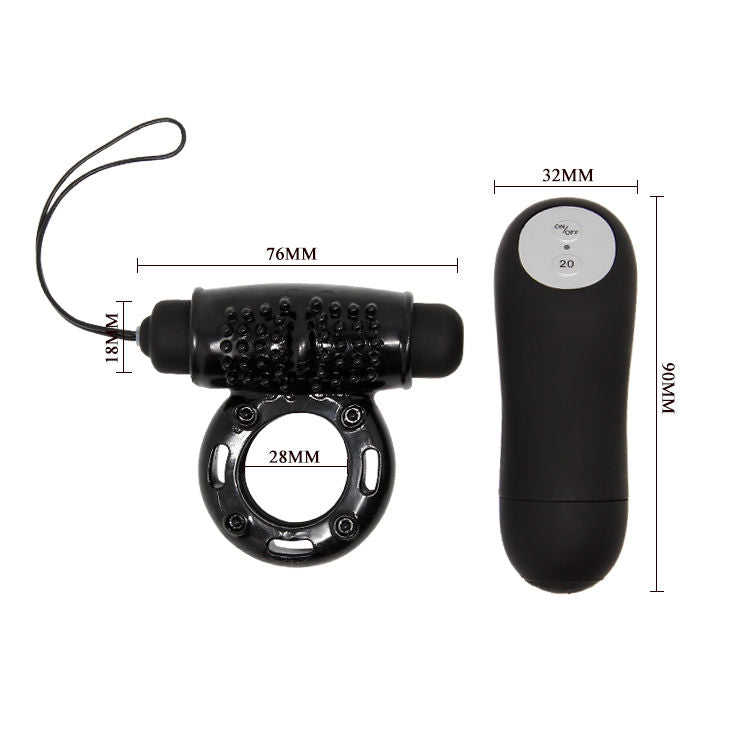 Anel peniano vibratório BAILE com controle remoto, design preto e 20 funções para prazer compartilhado.