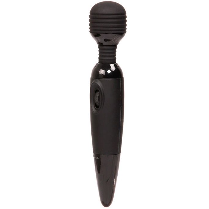 Close-up do BAILE Vibrador Power Wand Compacto Preto Potente, mostrando a sua cabeça flexível e design ergonómico em silicone.