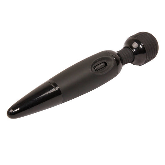 Close-up do BAILE Vibrador Power Wand Compacto Preto Potente, mostrando a sua cabeça flexível e design ergonómico em silicone.