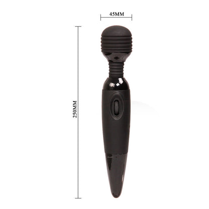 Close-up do BAILE Vibrador Power Wand Compacto Preto Potente, mostrando a sua cabeça flexível e design ergonómico em silicone.