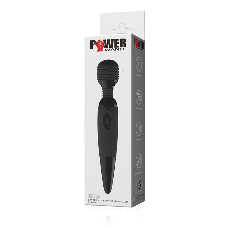 Close-up do BAILE Vibrador Power Wand Compacto Preto Potente, mostrando a sua cabeça flexível e design ergonómico em silicone.
