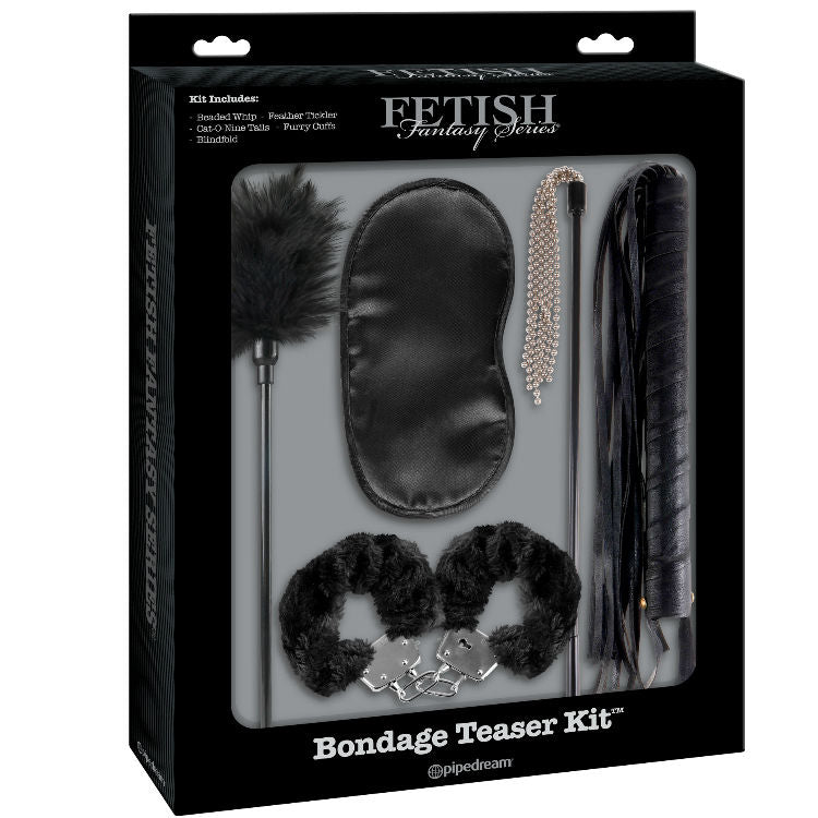 Kit Bondage Teaser FETISH FANTASY LIMITED EDITION com chicote, algemas e máscara para exploração BDSM.