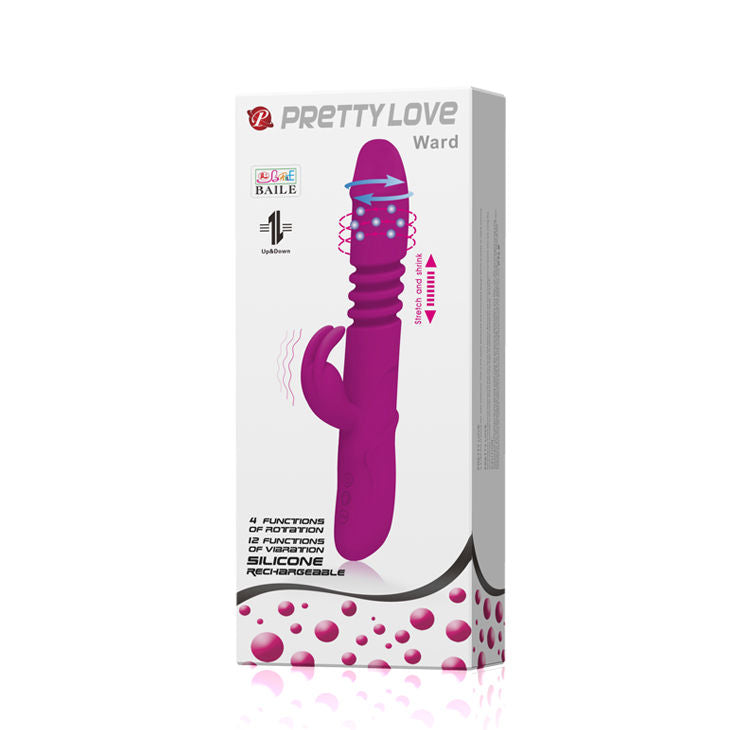 Close-up do vibrador PRETTY LOVE Rabbit Dupla Ação, mostrando seu design ergonómico e estimulador de clitóris em silicone.