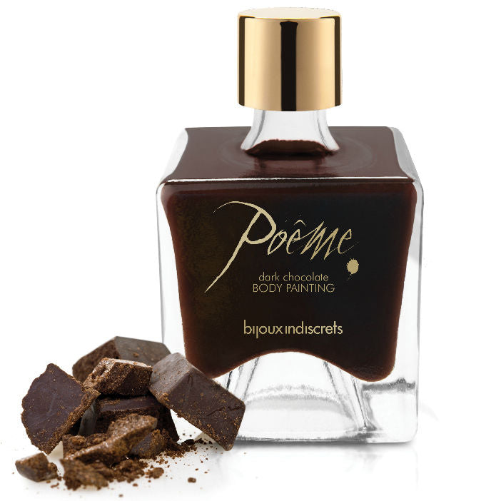 Frasco de tinta comestível BIJOUX Poeme sabor chocolate preto com caneta aplicadora para jogos eróticos