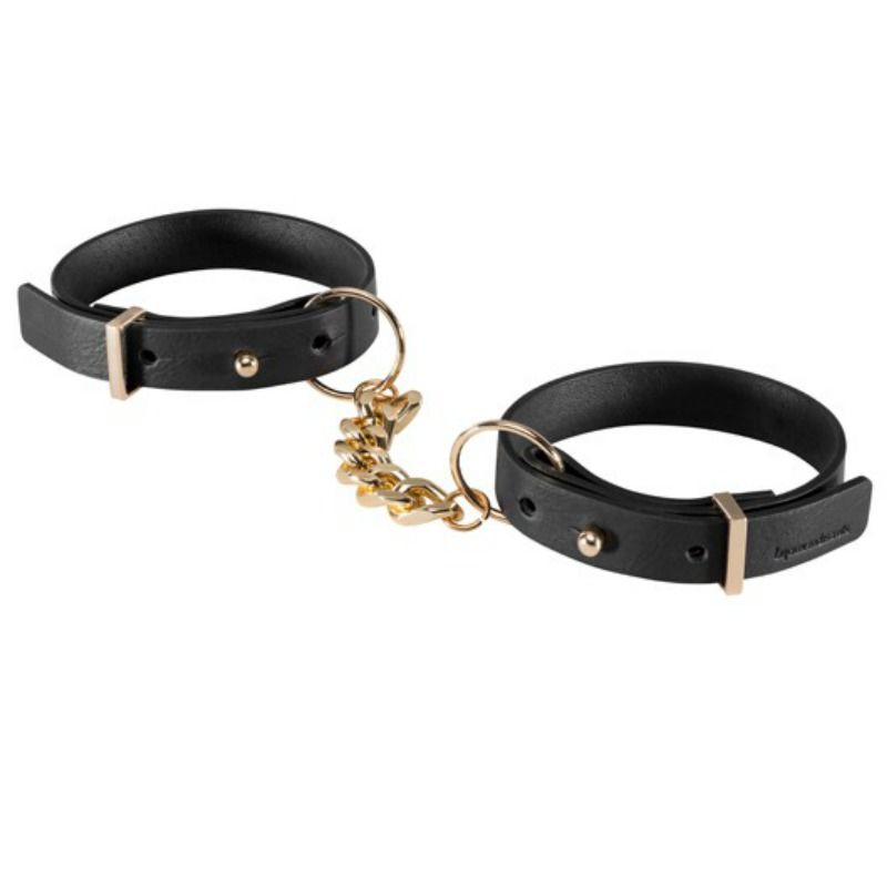 Close-up das Algemas Pulseiras Duplas Ajustáveis Pretas BIJOUX INDISCRETS Maze, mostrando o design elegante e o material de poliuretano.