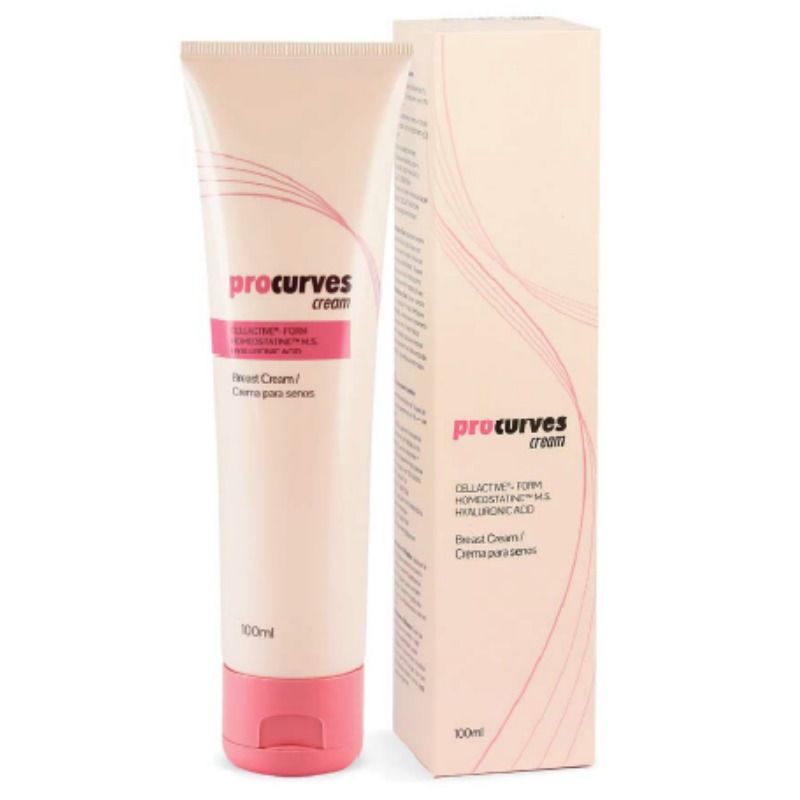 Embalagem de 500 COSMETICS Procurves Cream para reafirmar e aumentar o peito, exibindo detalhes do produto e ingredientes.