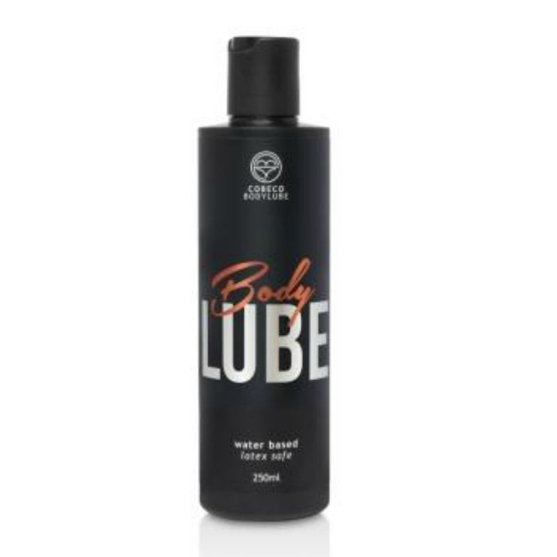 Close-up do COBECO Bodylube Latex Safe Gel Lubrificante 250 ML mostrando a embalagem e a textura do produto.