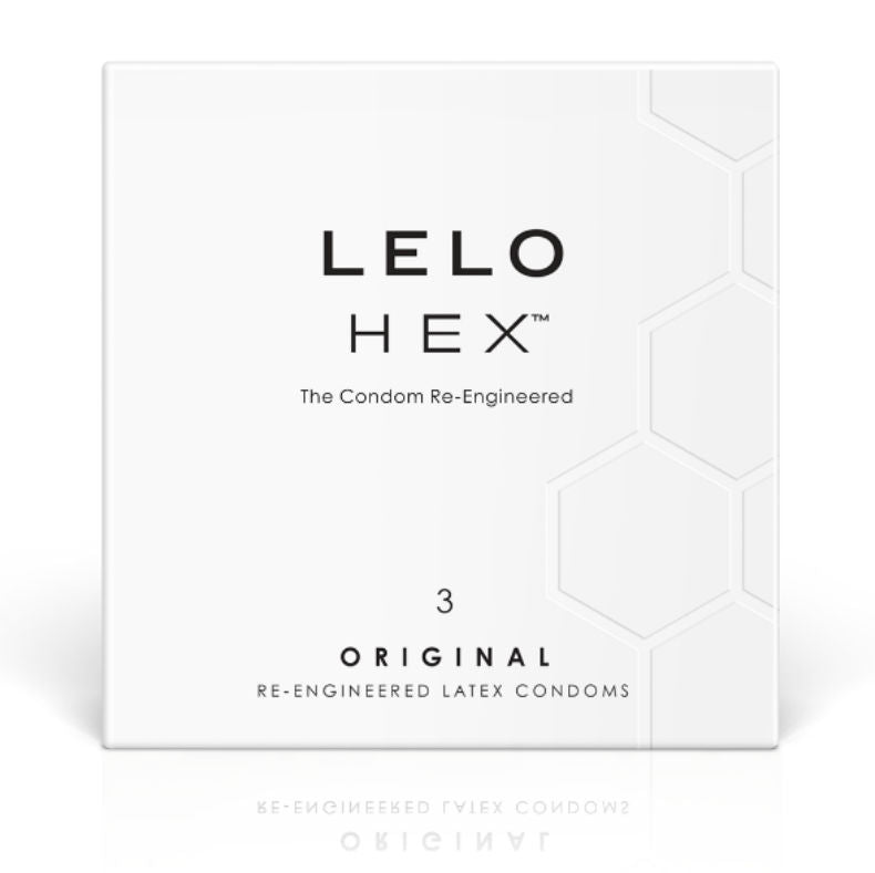 Embalagem de preservativos LELO HEX com design hexagonal, detalhe da tecnologia e da caixa de 3 unidades.
