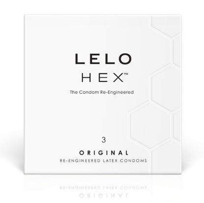 Embalagem de preservativos LELO HEX com design hexagonal, detalhe da tecnologia e da caixa de 3 unidades.