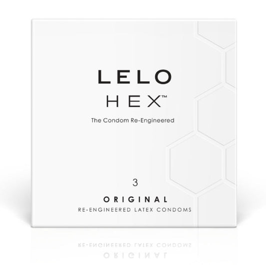 Embalagem de preservativos LELO HEX com design hexagonal, detalhe da tecnologia e da caixa de 3 unidades.