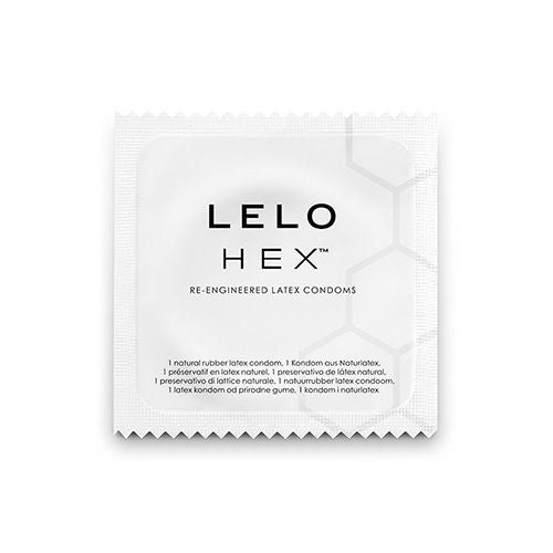 Embalagem de preservativos LELO HEX com design hexagonal, detalhe da tecnologia e da caixa de 3 unidades.