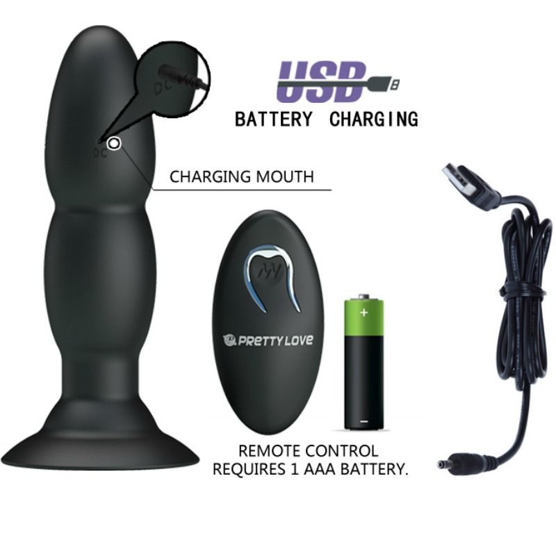 PRETTY LOVE Vibrador Love Plug Anal com Rotação e Controle Remoto, mostrando seu design e funcionalidades.