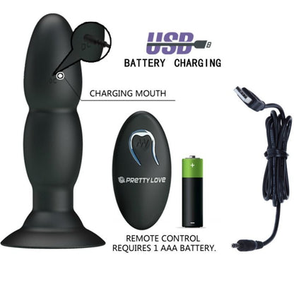 PRETTY LOVE Vibrador Love Plug Anal com Rotação e Controle Remoto, mostrando seu design e funcionalidades.