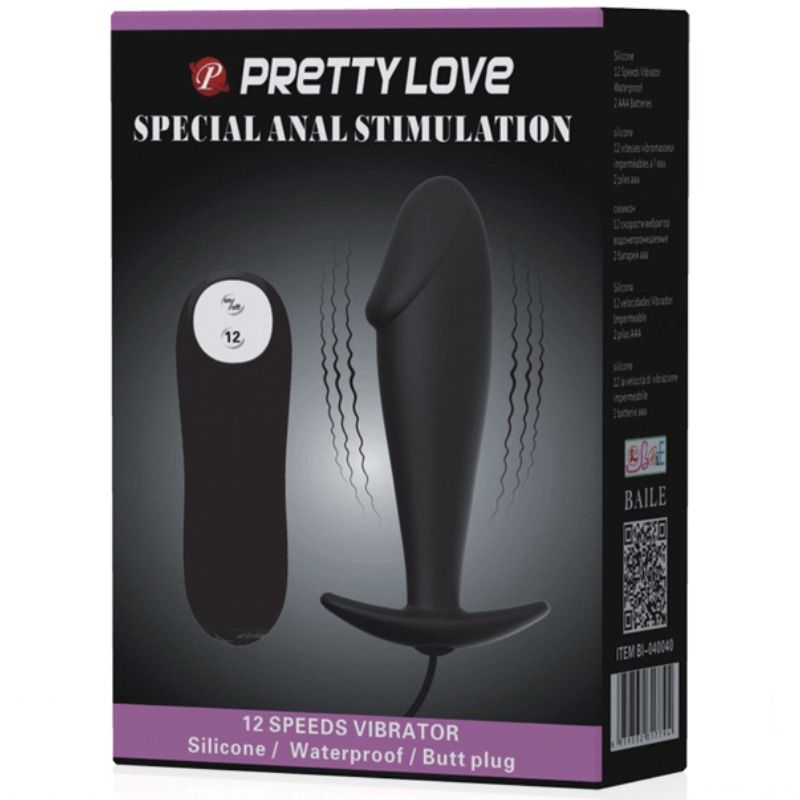 Plug anal vibratório PRETTY LOVE em silicone preto, formato de pénis com controlo remoto.
