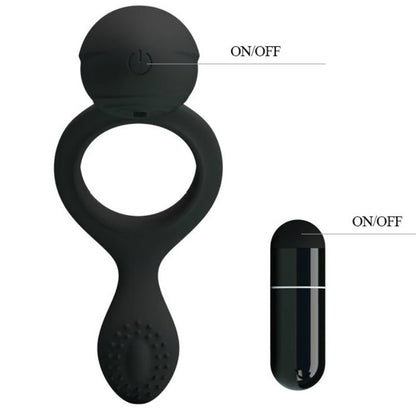 Anel vibrador PRETTY LOVE Ethel com estimulador clitoriano, feito de silicone preto.