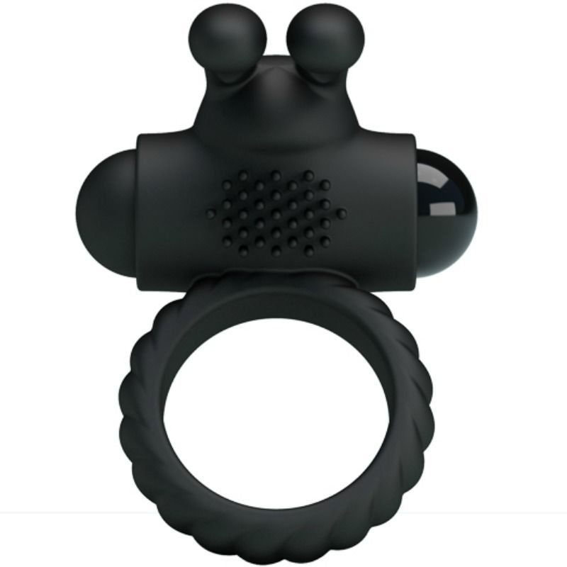 Anel vibrador PRETTY LOVE Eudora em silicone preto com estimulador clitoriano e design ergonómico.