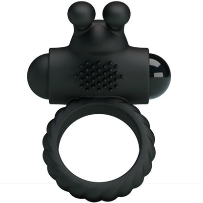 Anel vibrador PRETTY LOVE Eudora em silicone preto com estimulador clitoriano e design ergonómico.
