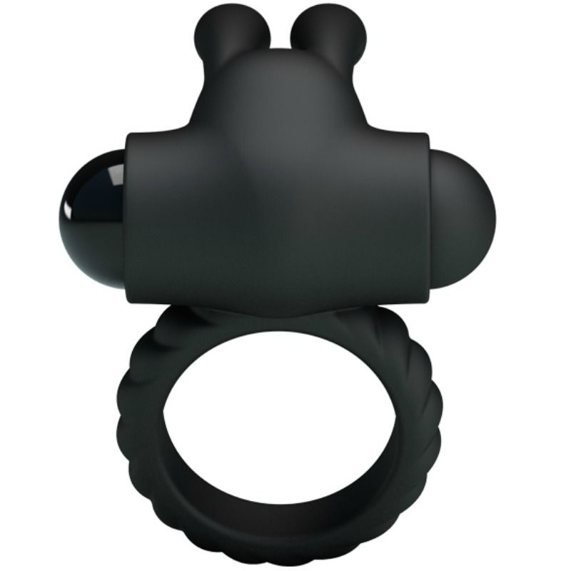 Anel vibrador PRETTY LOVE Eudora em silicone preto com estimulador clitoriano e design ergonómico.
