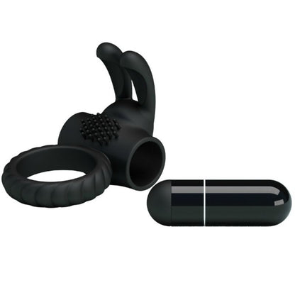 Anel vibrador PRETTY LOVE Eudora em silicone preto com estimulador clitoriano e design ergonómico.