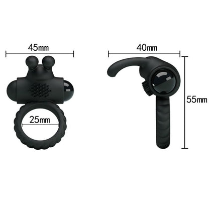 Anel vibrador PRETTY LOVE Eudora em silicone preto com estimulador clitoriano e design ergonómico.