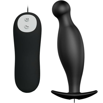 PRETTY LOVE Plug Anal de Silicone Vibratório 12 Modos com Controlo Remoto, mostrando seu design ergonómico e cor preta.