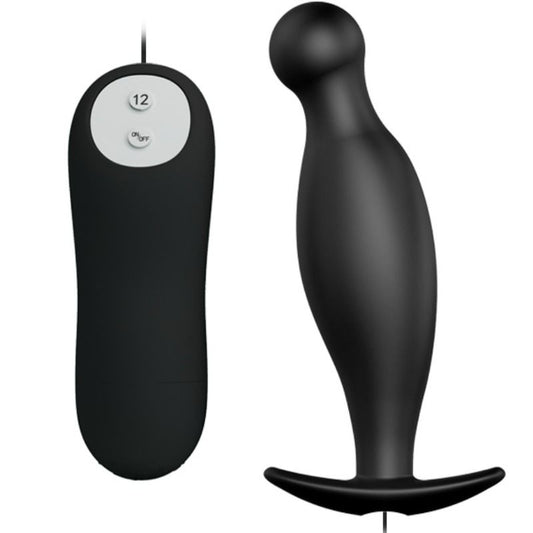 PRETTY LOVE Plug Anal de Silicone Vibratório 12 Modos com Controlo Remoto, mostrando seu design ergonómico e cor preta.