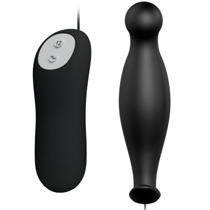 PRETTY LOVE Plug Anal de Silicone Vibratório 12 Modos com Controlo Remoto, mostrando seu design ergonómico e cor preta.