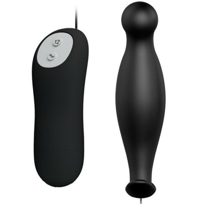 PRETTY LOVE Plug Anal de Silicone Vibratório 12 Modos com Controlo Remoto, mostrando seu design ergonómico e cor preta.