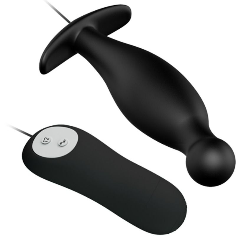 PRETTY LOVE Plug Anal de Silicone Vibratório 12 Modos com Controlo Remoto, mostrando seu design ergonómico e cor preta.