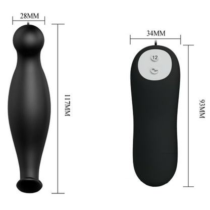PRETTY LOVE Plug Anal de Silicone Vibratório 12 Modos com Controlo Remoto, mostrando seu design ergonómico e cor preta.