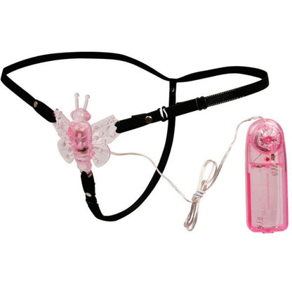 Imagem do BAILE Arnês Vibrante com Borboleta de Múltiplas Velocidades, mostrando o arnês preto e a borboleta vibrante rosa.