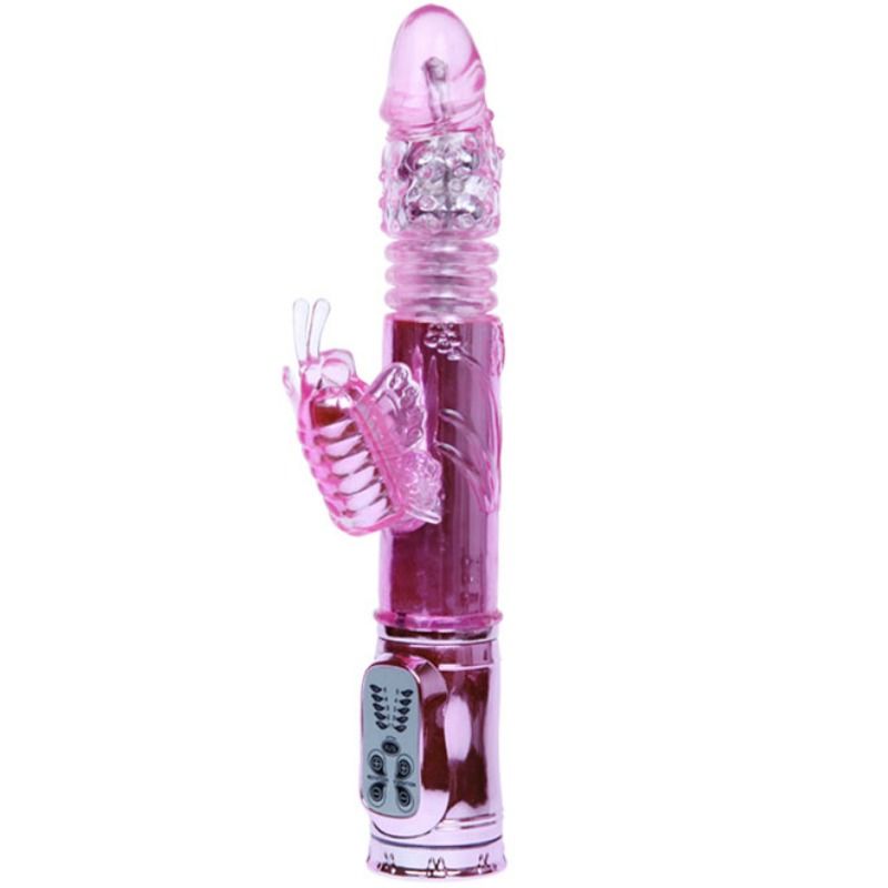Vibrador Baile Recarregável com rotação e estimulador de borboleta pulsante, em silicone.