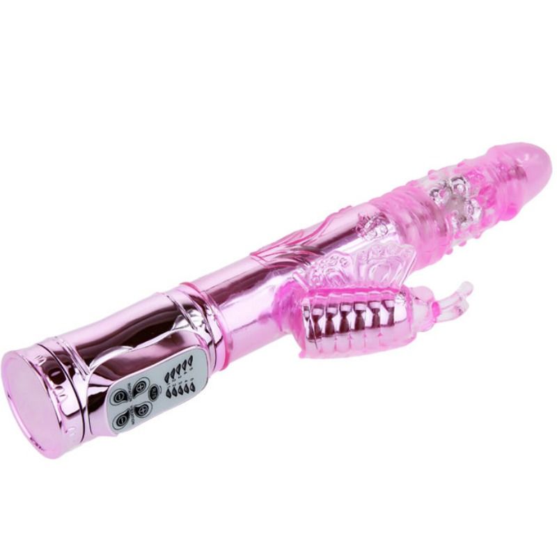 Vibrador Baile Recarregável com rotação e estimulador de borboleta pulsante, em silicone.