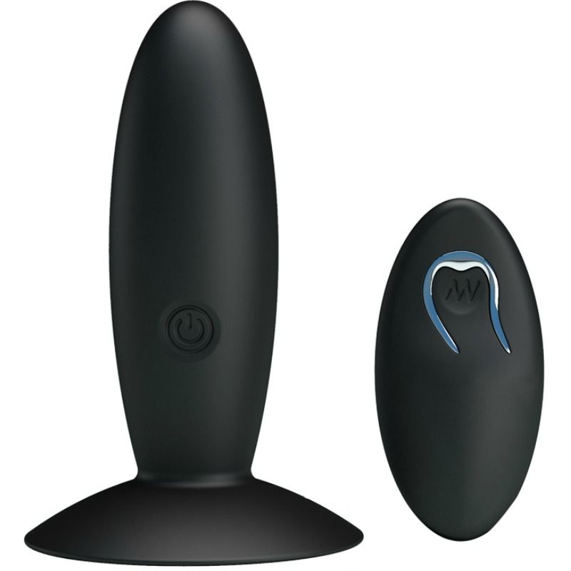 Close-up do Plug Anal Pretty Love Recarregável com Vibração e Controle Remoto, mostrando seu design em silicone preto e base com ventosa.