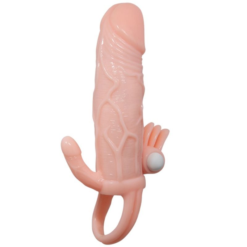 Capa para pénis BAILE Brave Man com estimulação clitoriana e anal, mostrando detalhes realistas e anel de retenção.