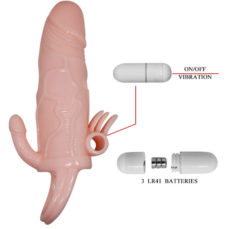 Capa para pénis BAILE Brave Man com estimulação clitoriana e anal, mostrando detalhes realistas e anel de retenção.