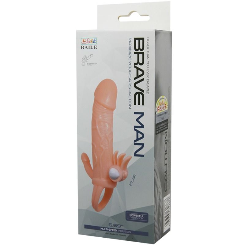 Capa para pénis BAILE Brave Man com estimulação clitoriana e anal, mostrando detalhes realistas e anel de retenção.